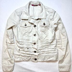 vintage y2k mcbling so real so right cream denim ruched jacket size L